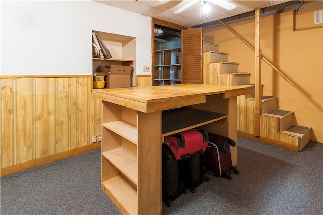 369 Vine St, Pawtucket, RI 02861 - finished basement with carpet, a wainscoted wall, wooden walls, a ceiling fan, and stairway