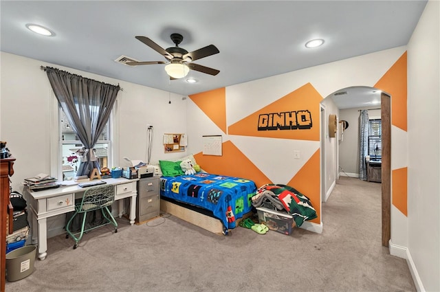 69 Arnold St, Lincoln, RI 02865 - bedroom featuring arched walkways, carpet, recessed lighting, baseboards, and ceiling fan