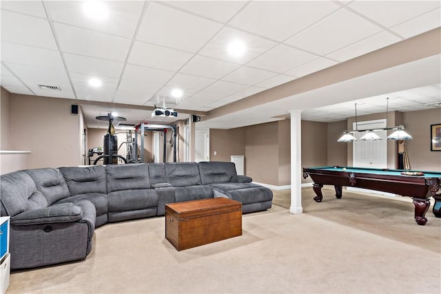 110 Fieldstone Ln, North Kingstown, RI 02874 - carpeted living room with a paneled ceiling, pool table, and recessed lighting