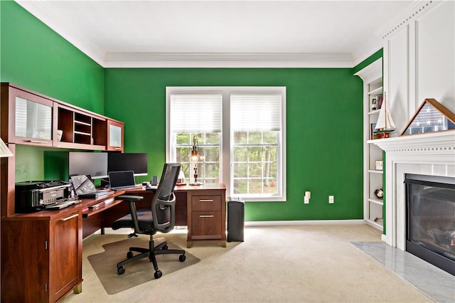 110 Fieldstone Ln, North Kingstown, RI 02874 - office with a fireplace with flush hearth, light colored carpet, crown molding, built in features, and baseboards