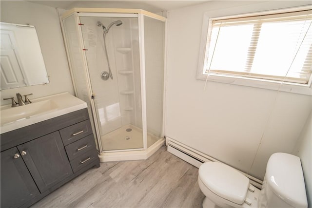 132 Chestnut St, Woonsocket, RI 02895 - bathroom featuring toilet, wood finished floors, a stall shower, vanity, and a baseboard radiator