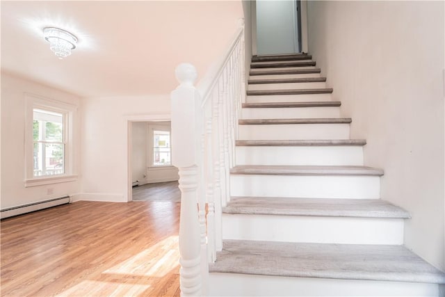 132 Chestnut St, Woonsocket, RI 02895 - staircase with a baseboard heating unit, wood finished floors, and baseboards