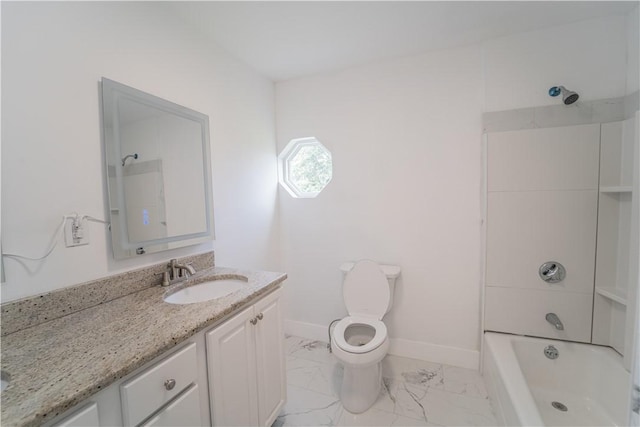 132 Chestnut St, Woonsocket, RI 02895 - bathroom featuring vanity, marble look tiles, baseboards, toilet, and bathing tub / shower combination