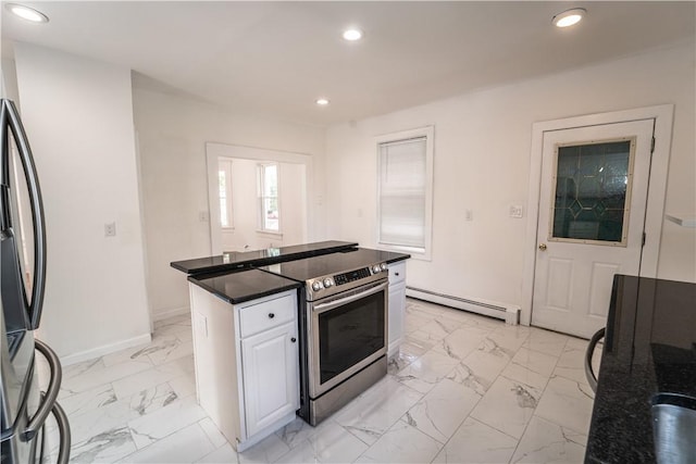 132 Chestnut St, Woonsocket, RI 02895 - kitchen with a baseboard heating unit, stainless steel electric range, recessed lighting, light marble finish flooring, and refrigerator