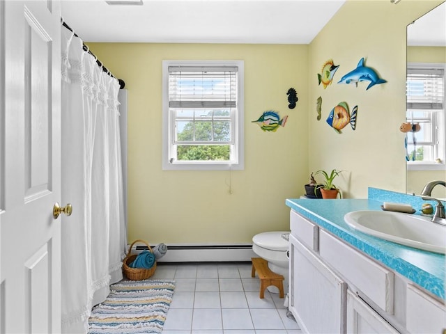 60 Broad St, Plainville, MA 02762 - full bath featuring baseboard heating, toilet, vanity, tile patterned floors, and curtained shower