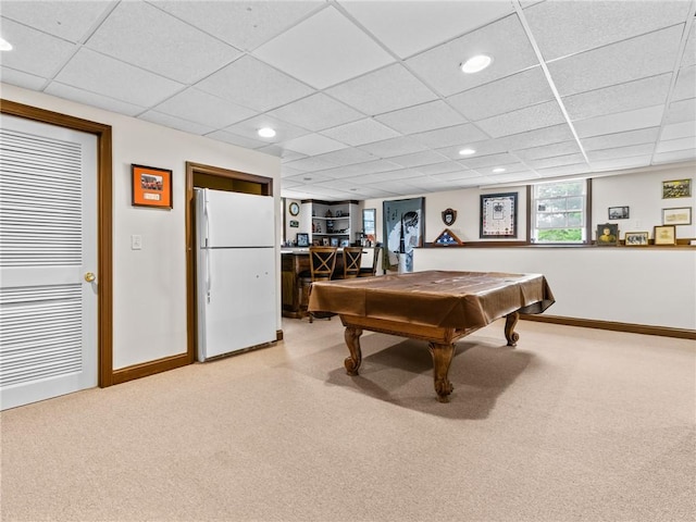 60 Broad St, Plainville, MA 02762 - recreation room with a paneled ceiling, light carpet, baseboards, pool table, and recessed lighting