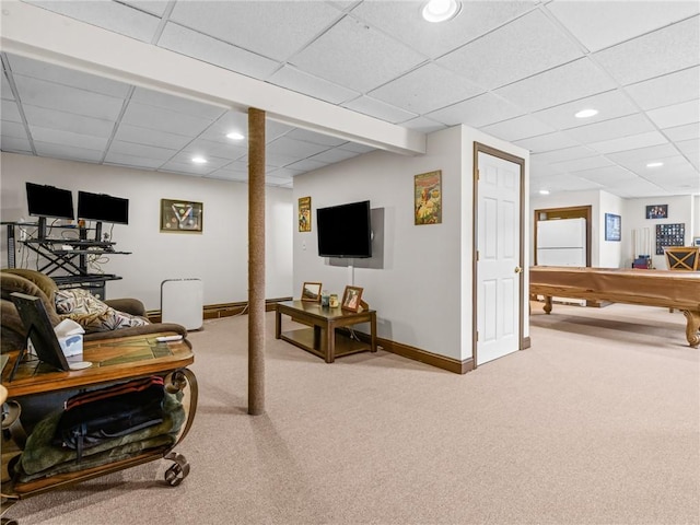 60 Broad St, Plainville, MA 02762 - living room with carpet floors, baseboards, a drop ceiling, pool table, and recessed lighting