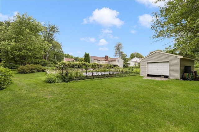 48 Nottingham Dr, Scituate, RI 02831 - view of green lawn featuring a detached garage and an outdoor structure