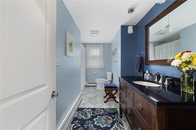 48 Nottingham Dr, Scituate, RI 02831 - full bath featuring baseboard heating, vanity, toilet, and baseboards