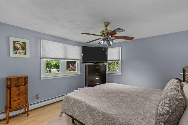 21 High Service Ave, North Providence, RI 02911 - bedroom featuring multiple windows, light wood-style flooring, ceiling fan, and a baseboard radiator