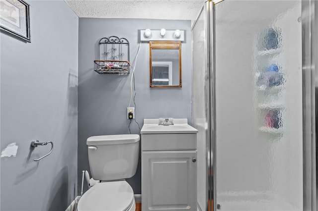 21 High Service Ave, North Providence, RI 02911 - bathroom featuring a textured ceiling, vanity, a shower stall, and toilet