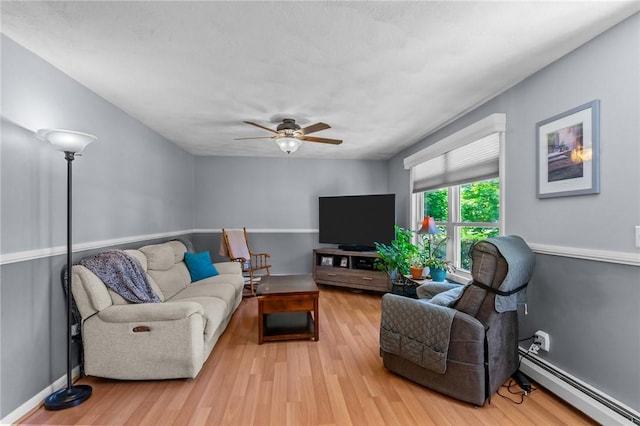 21 High Service Ave, North Providence, RI 02911 - living area featuring a baseboard radiator, wood finished floors, and a ceiling fan