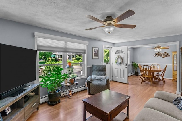 21 High Service Ave, North Providence, RI 02911 - living area with a ceiling fan, a baseboard radiator, a textured ceiling, and wood finished floors