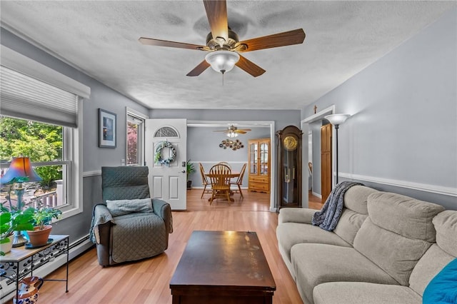 21 High Service Ave, North Providence, RI 02911 - living area with ceiling fan, light wood-style floors, a textured ceiling, and baseboards