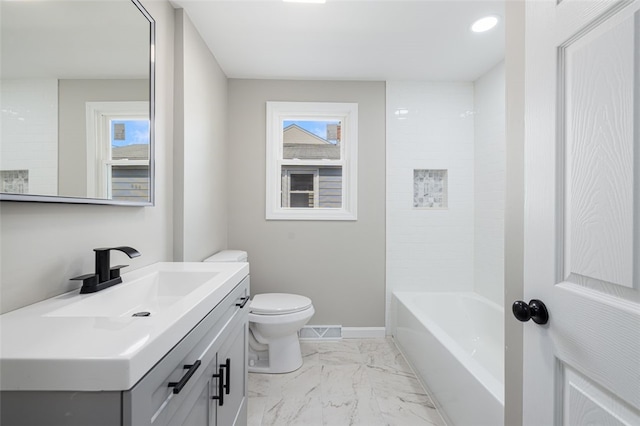 21 Victor Emanuel Ave, Providence, RI 02904 - bathroom with vanity, toilet, marble look tile flooring, and recessed lighting