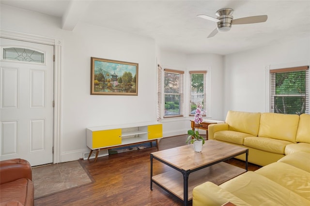 32 N Clarendon St, Cranston, RI 02910 - living area featuring wood finished floors, a ceiling fan, baseboards, and beam ceiling