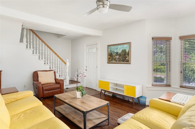 32 N Clarendon St, Cranston, RI 02910 - living area featuring wood finished floors, stairs, and ceiling fan