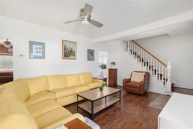 32 N Clarendon St, Cranston, RI 02910 - living area featuring a ceiling fan, plenty of natural light, dark wood-style flooring, and stairs