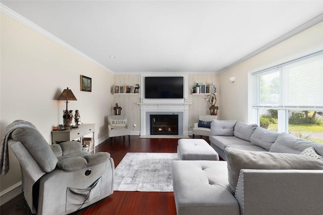 6 Humes Ave, Warwick, RI 02889 - living room featuring dark wood-style flooring, ornamental molding, and a fireplace with flush hearth