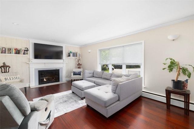 6 Humes Ave, Warwick, RI 02889 - living area featuring dark wood-type flooring, a baseboard radiator, crown molding, and a fireplace with flush hearth