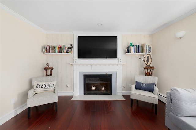 6 Humes Ave, Warwick, RI 02889 - living area featuring a baseboard radiator, wood finished floors, crown molding, and a fireplace with flush hearth