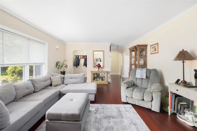6 Humes Ave, Warwick, RI 02889 - living room featuring dark wood-style flooring, arched walkways, and ornamental molding