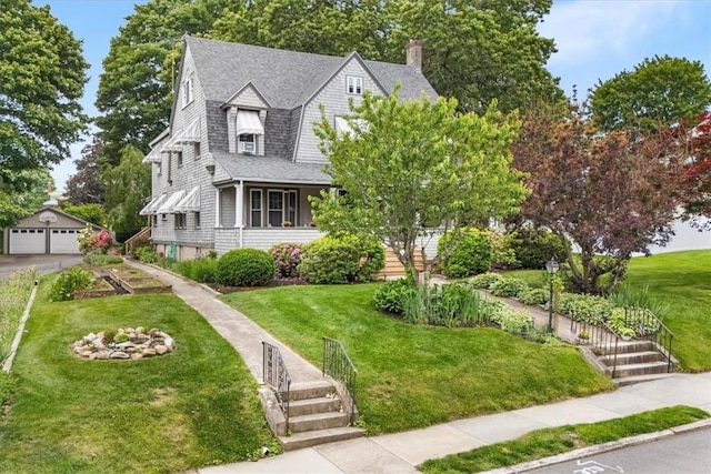 59 Woodland Rd, Woonsocket, RI 02895 - shingle-style home featuring a garage, a front yard, a shingled roof, and an outdoor structure