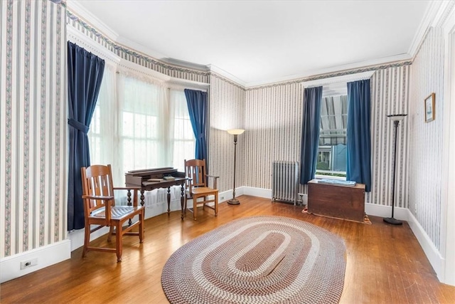 59 Woodland Rd, Woonsocket, RI 02895 - living area with wallpapered walls, ornamental molding, radiator, wood finished floors, and baseboards