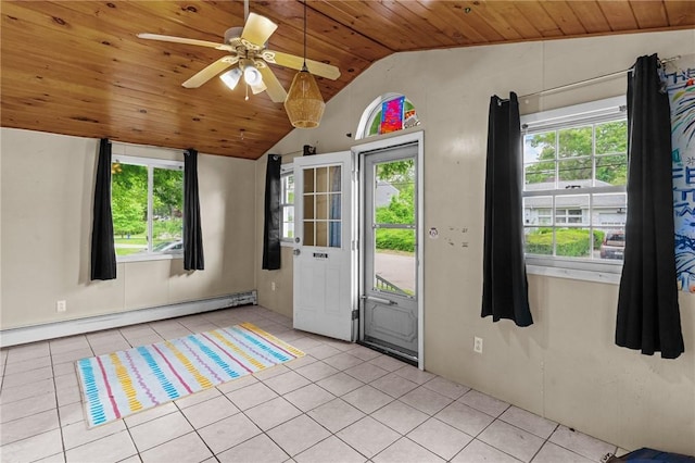 16 Spectacle Ave, Warwick, RI 02888 - entryway with wood ceiling, a baseboard radiator, lofted ceiling, light tile patterned floors, and plenty of natural light