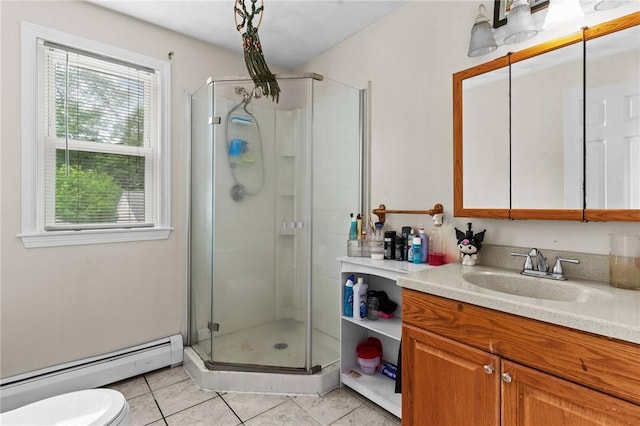 16 Spectacle Ave, Warwick, RI 02888 - full bath featuring a baseboard radiator, vanity, a stall shower, toilet, and tile patterned flooring