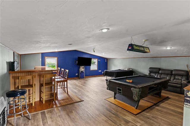 16 Spectacle Ave, Warwick, RI 02888 - recreation room with billiards table, a dry bar, vaulted ceiling, wood finished floors, and healthy amount of natural light