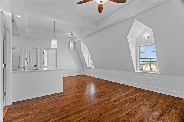 18 State St Unit 3E, Bristol, RI 02809 - unfurnished living room featuring healthy amount of natural light, ceiling fan, dark wood-style flooring, and crown molding