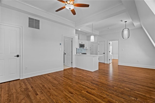 18 State St Unit 3E, Bristol, RI 02809 - unfurnished living room with ceiling fan, dark wood-type flooring, baseboards, and ornamental molding