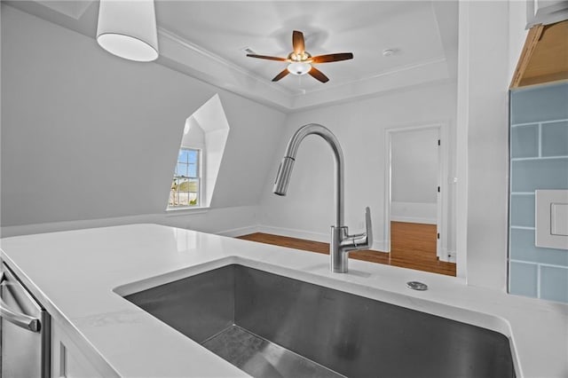 18 State St Unit 3E, Bristol, RI 02809 - kitchen view of a sink, ornamental molding, a ceiling fan, and light countertops