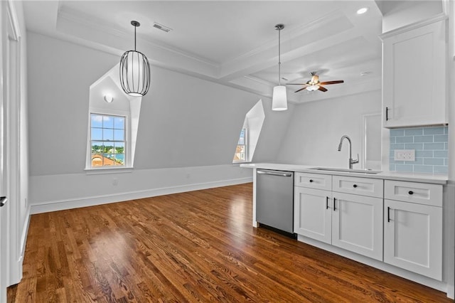 18 State St Unit 3E, Bristol, RI 02809 - kitchen with stainless steel dishwasher, a sink, open floor plan, dark wood-type flooring, and pendant lighting