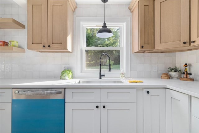 126 Weaver Hill Rd, West Greenwich, RI 02817 - kitchen with dishwasher, a sink, light countertops, backsplash, and open shelves