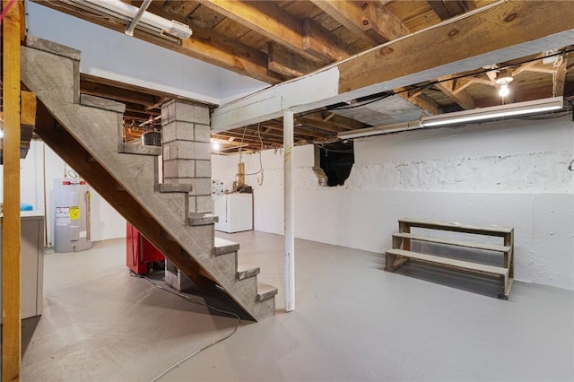 126 Weaver Hill Rd, West Greenwich, RI 02817 - unfinished basement with electric water heater, washer / dryer, and stairway