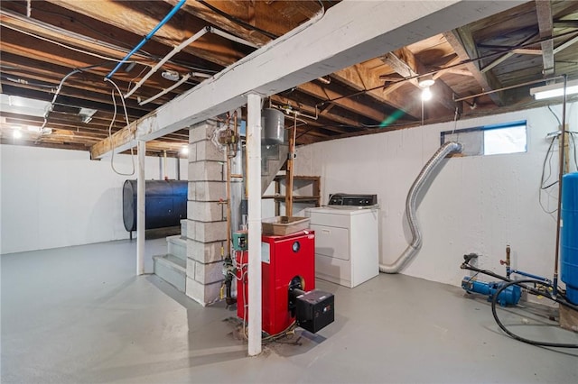 126 Weaver Hill Rd, West Greenwich, RI 02817 - below grade area with washer / dryer, oil tank, stairway, and a heating unit