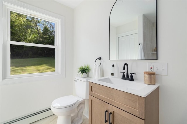 126 Weaver Hill Rd, West Greenwich, RI 02817 - half bath featuring a baseboard heating unit, vanity, and toilet