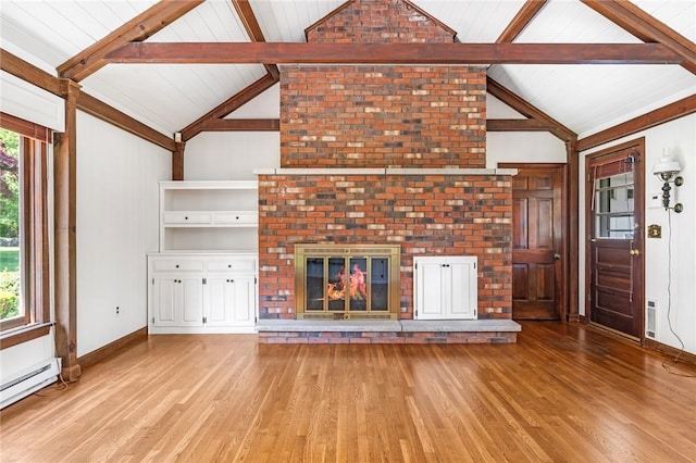 11 Crosswynds Dr, Narragansett, RI 02874 - unfurnished living room with a baseboard heating unit, light wood-style floors, a brick fireplace, healthy amount of natural light, and wood ceiling