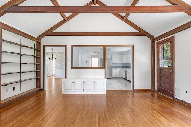 11 Crosswynds Dr, Narragansett, RI 02874 - unfurnished living room with light wood-style floors, a chandelier, baseboards, and wooden ceiling