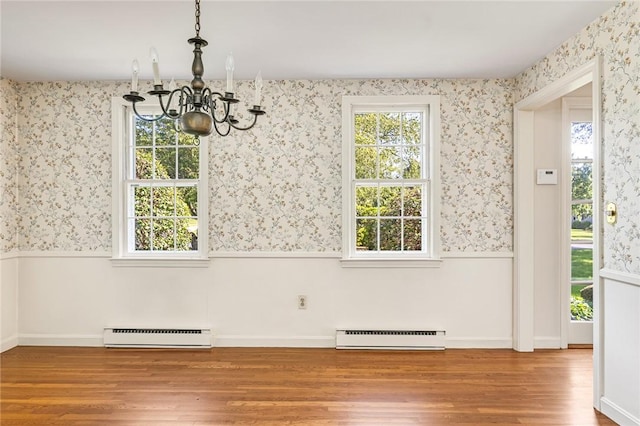 11 Crosswynds Dr, Narragansett, RI 02874 - unfurnished dining area featuring baseboard heating, a chandelier, wainscoting, wood finished floors, and wallpapered walls