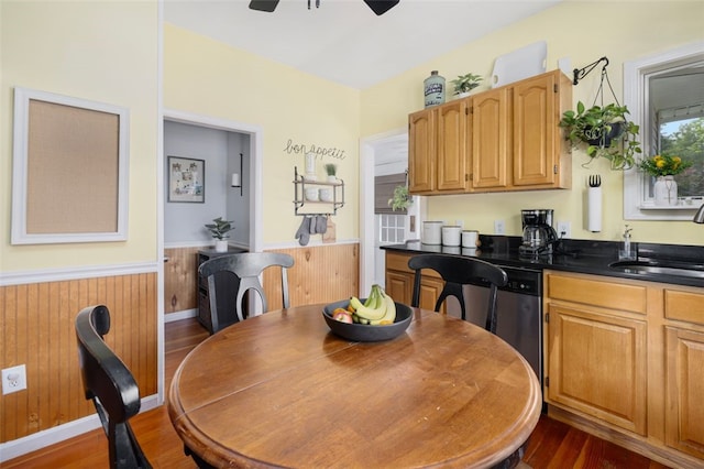 30 Lincoln St, Smithfield, RI 02917 - dining space featuring a ceiling fan, a wainscoted wall, dark wood-style floors, and wood walls