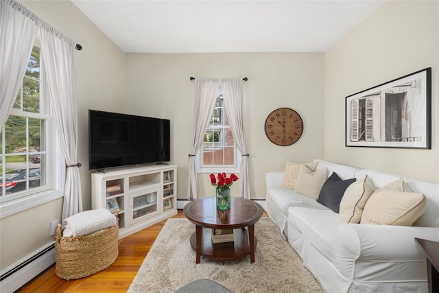 30 Lincoln St, Smithfield, RI 02917 - living room featuring a baseboard heating unit, plenty of natural light, and wood finished floors
