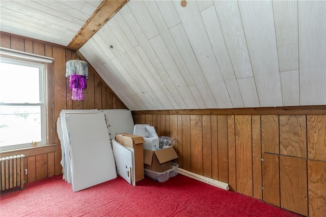 339 Beverage Hill Ave, Pawtucket, RI 02861 - additional living space featuring radiator heating unit, wood walls, vaulted ceiling, and carpet