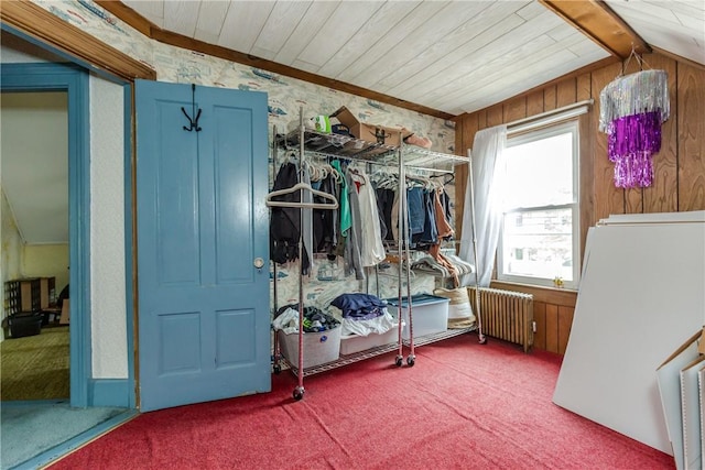 339 Beverage Hill Ave, Pawtucket, RI 02861 - mudroom featuring radiator, carpet, wooden ceiling, and wooden walls