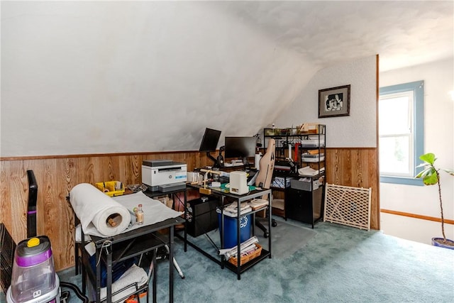 339 Beverage Hill Ave, Pawtucket, RI 02861 - carpeted home office featuring wooden walls, lofted ceiling, and a wainscoted wall