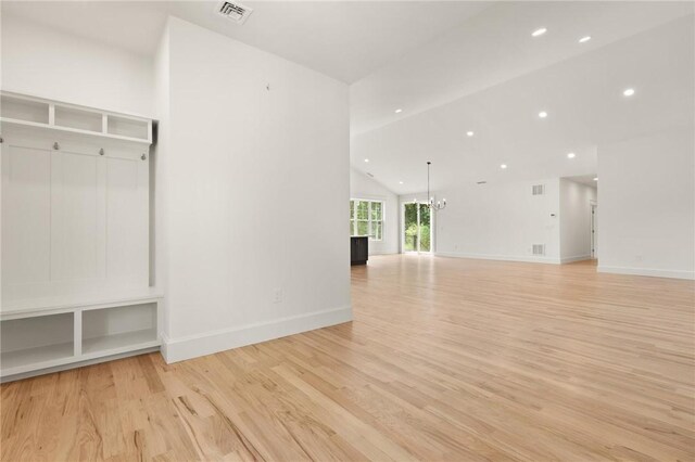 66 Orchard Ave, Johnston, RI 02919 - mudroom featuring a chandelier, light wood-style flooring, lofted ceiling, and recessed lighting