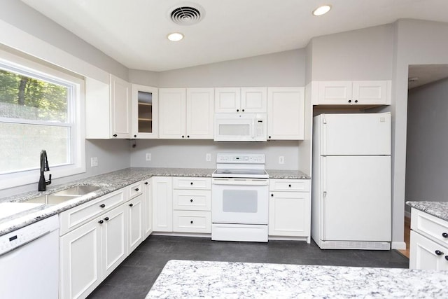 38 Williams Rd, Smithfield, RI 02917 - kitchen featuring white appliances, a sink, white cabinets, glass insert cabinets, and recessed lighting
