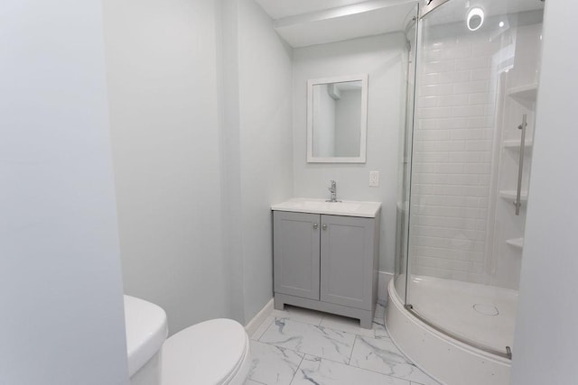38 Williams Rd, Smithfield, RI 02917 - full bathroom featuring vanity, a shower stall, marble look tile flooring, toilet, and baseboards
